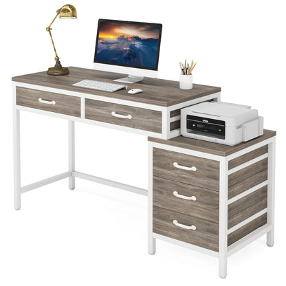 Bureau d'ordinateur réversible à 5 tiroirs, bureau pour bureau à domicile avec tiroir de rangement et support pour imprimante