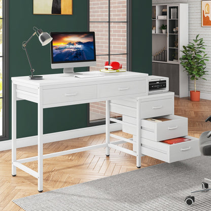 Bureau d'ordinateur réversible à 5 tiroirs, bureau pour bureau à domicile avec tiroir de rangement et support pour imprimante