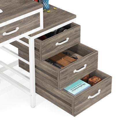 Bureau d'ordinateur réversible à 5 tiroirs, bureau pour bureau à domicile avec tiroir de rangement et support pour imprimante