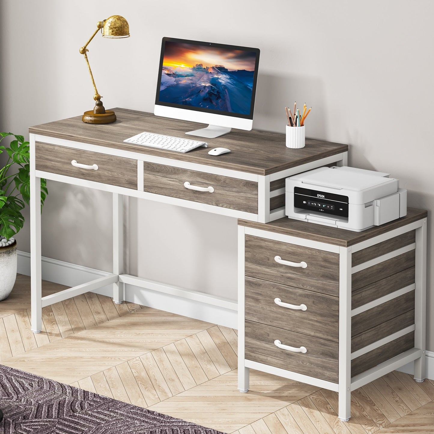 Bureau d'ordinateur réversible à 5 tiroirs, bureau pour bureau à domicile avec tiroir de rangement et support pour imprimante