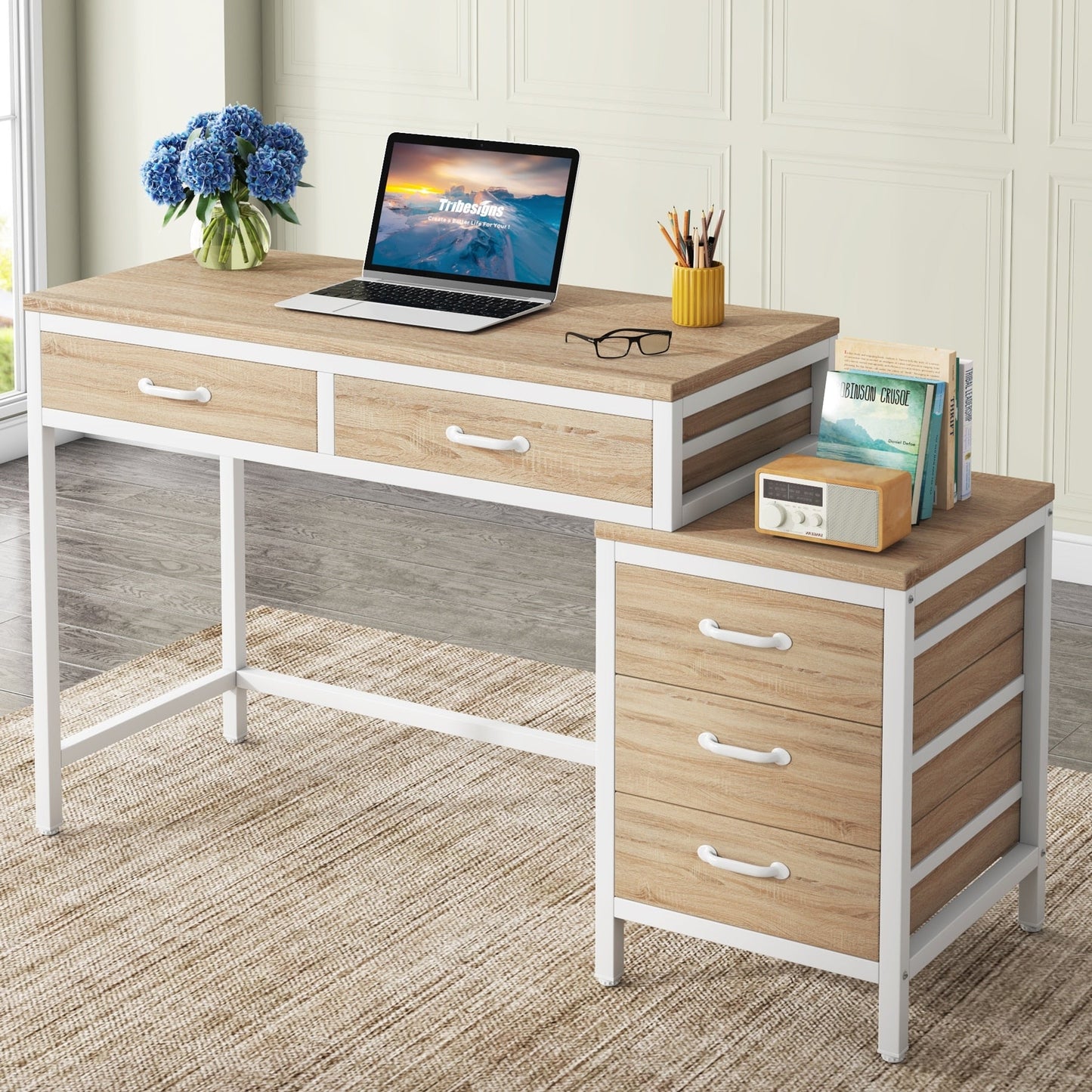 Bureau d'ordinateur réversible à 5 tiroirs, bureau pour bureau à domicile avec tiroir de rangement et support pour imprimante