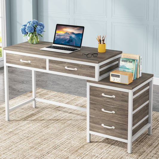 Bureau d'ordinateur réversible à 5 tiroirs, bureau pour bureau à domicile avec tiroir de rangement et support pour imprimante