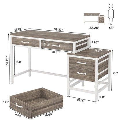 Bureau d'ordinateur réversible à 5 tiroirs, bureau pour bureau à domicile avec tiroir de rangement et support pour imprimante