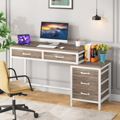 Bureau d'ordinateur réversible à 5 tiroirs, bureau pour bureau à domicile avec tiroir de rangement et support pour imprimante