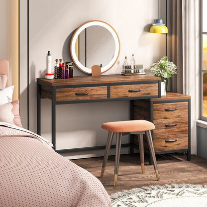 Bureau d'ordinateur réversible à 5 tiroirs, bureau pour bureau à domicile avec tiroir de rangement et support pour imprimante