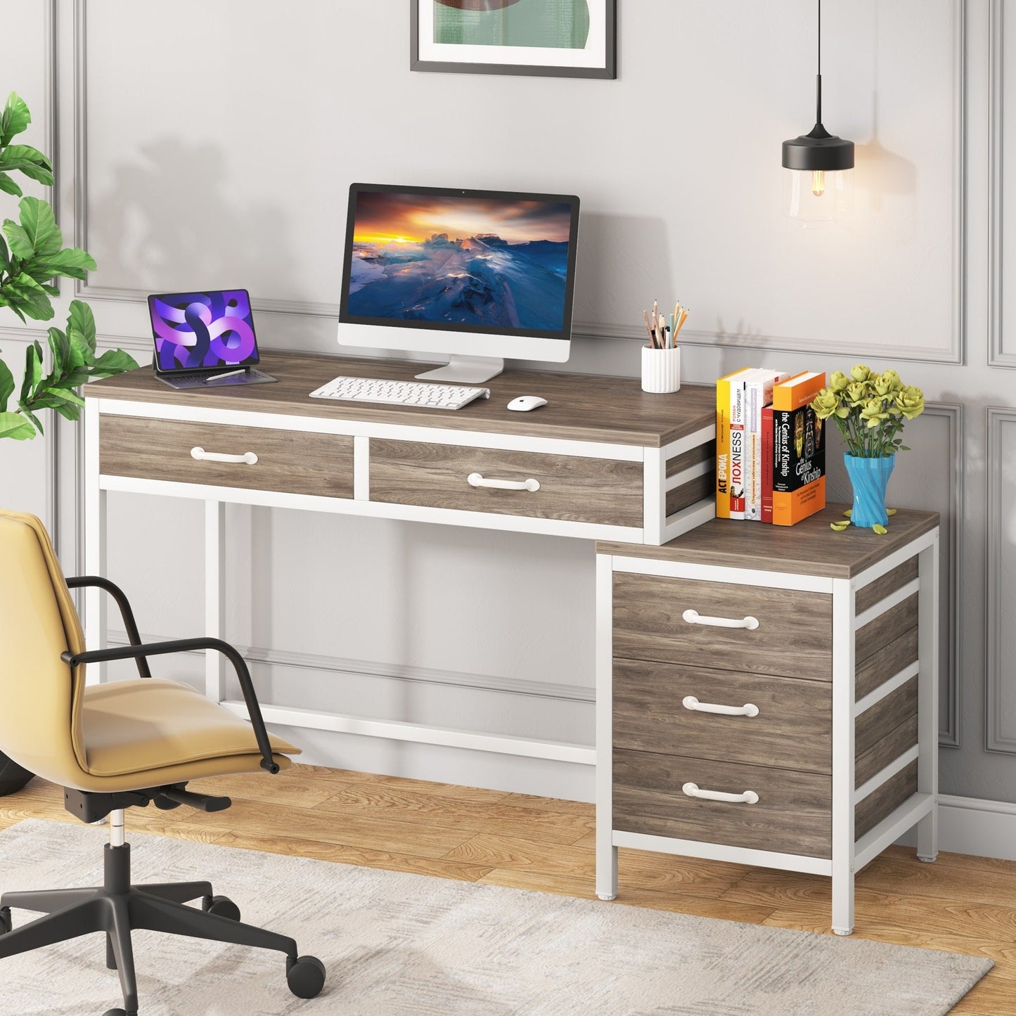 Bureau d'ordinateur réversible à 5 tiroirs, bureau pour bureau à domicile avec tiroir de rangement et support pour imprimante
