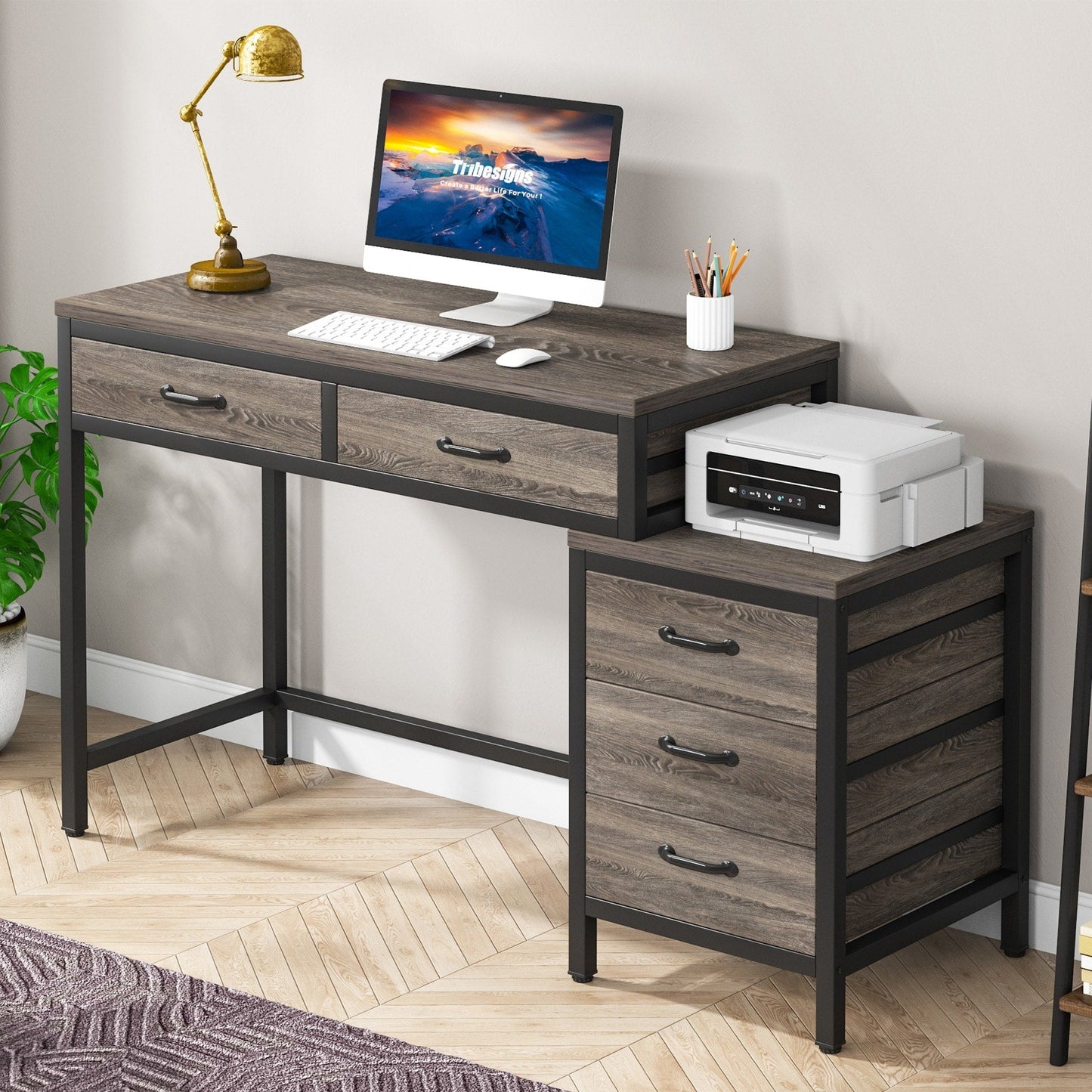 Bureau d'ordinateur réversible à 5 tiroirs, bureau pour bureau à domicile avec tiroir de rangement et support pour imprimante