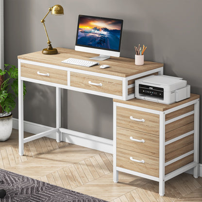 Bureau d'ordinateur réversible à 5 tiroirs, bureau pour bureau à domicile avec tiroir de rangement et support pour imprimante