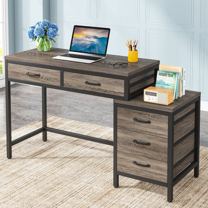 Bureau d'ordinateur réversible à 5 tiroirs, bureau pour bureau à domicile avec tiroir de rangement et support pour imprimante