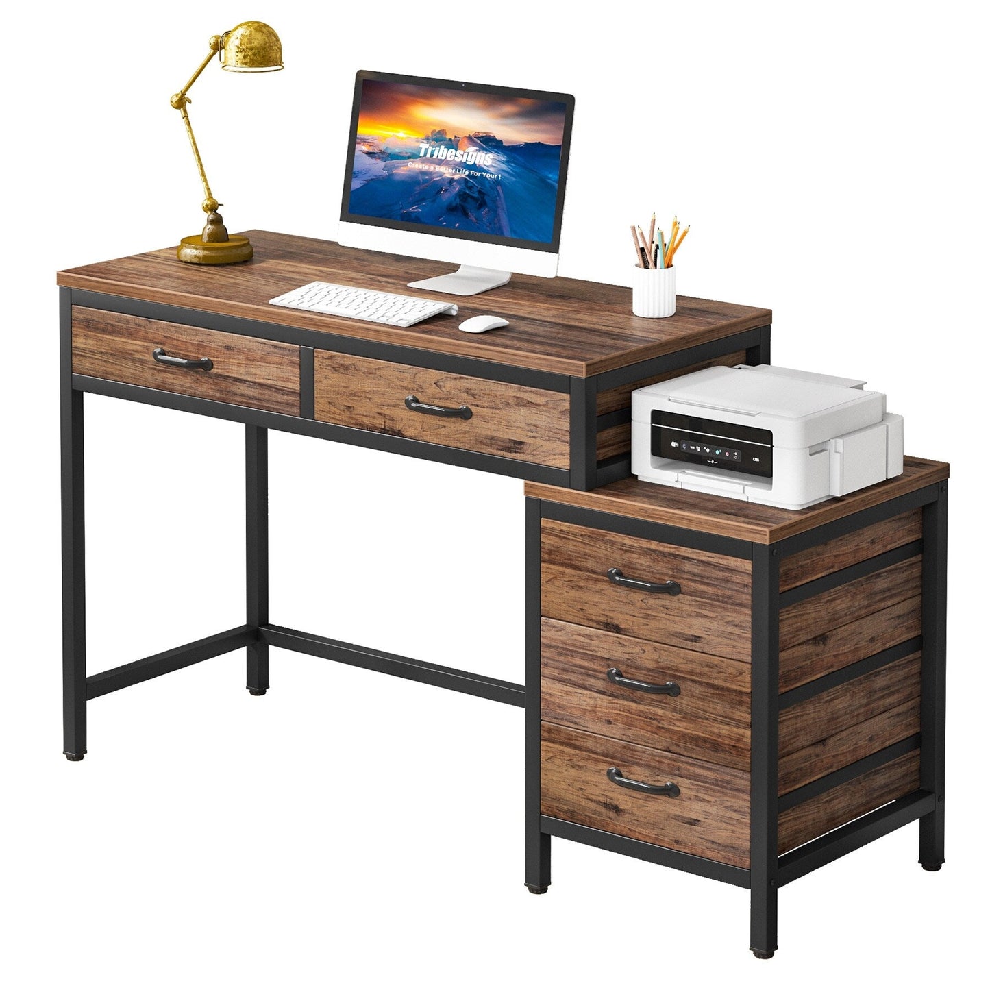 Bureau d'ordinateur réversible à 5 tiroirs, bureau pour bureau à domicile avec tiroir de rangement et support pour imprimante