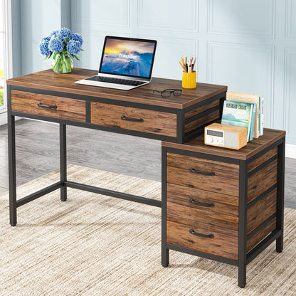 Bureau d'ordinateur réversible à 5 tiroirs, bureau pour bureau à domicile avec tiroir de rangement et support pour imprimante