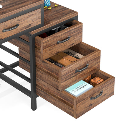 Bureau d'ordinateur réversible à 5 tiroirs, bureau pour bureau à domicile avec tiroir de rangement et support pour imprimante