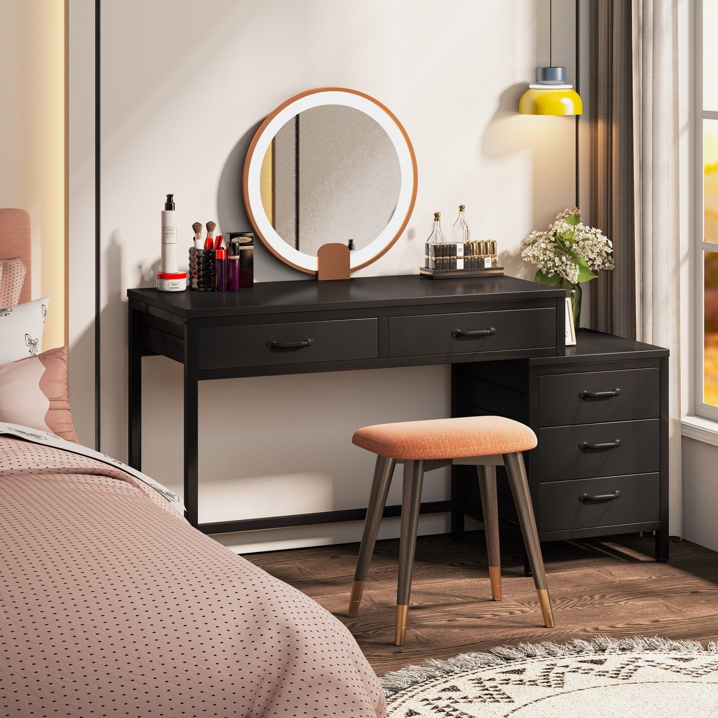 Bureau d'ordinateur réversible à 5 tiroirs, bureau pour bureau à domicile avec tiroir de rangement et support pour imprimante