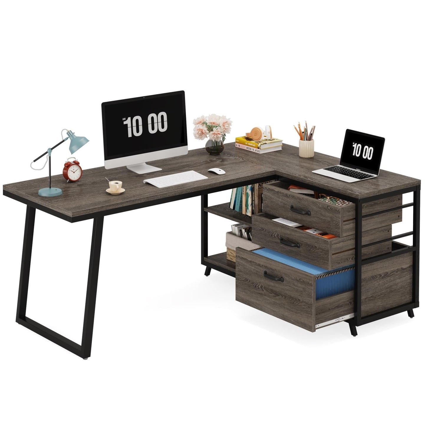 Bureau d'angle réversible en forme de L avec tiroirs de classement, bureau d'ordinateur d'angle