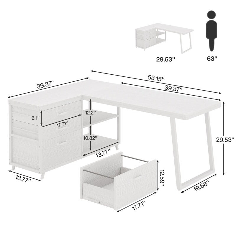 Bureau d'angle réversible en forme de L avec tiroirs de classement, bureau d'ordinateur d'angle
