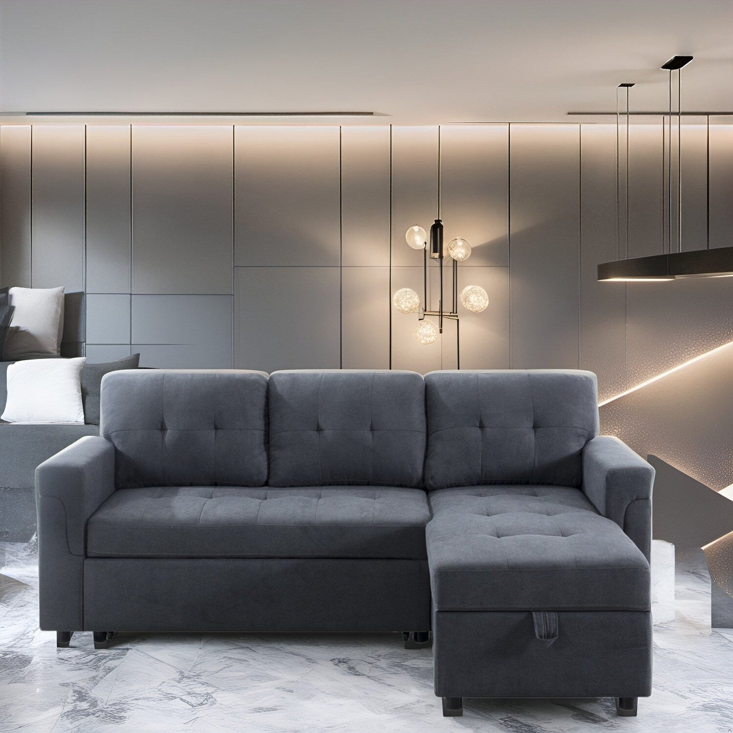 Canapé d'angle réversible avec lit gigogne, méridienne avec rangement dissimulé, pieds robustes.