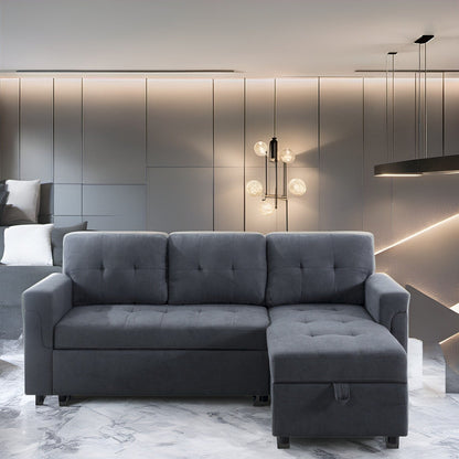 Canapé d'angle réversible avec lit gigogne, méridienne avec rangement dissimulé, pieds robustes.