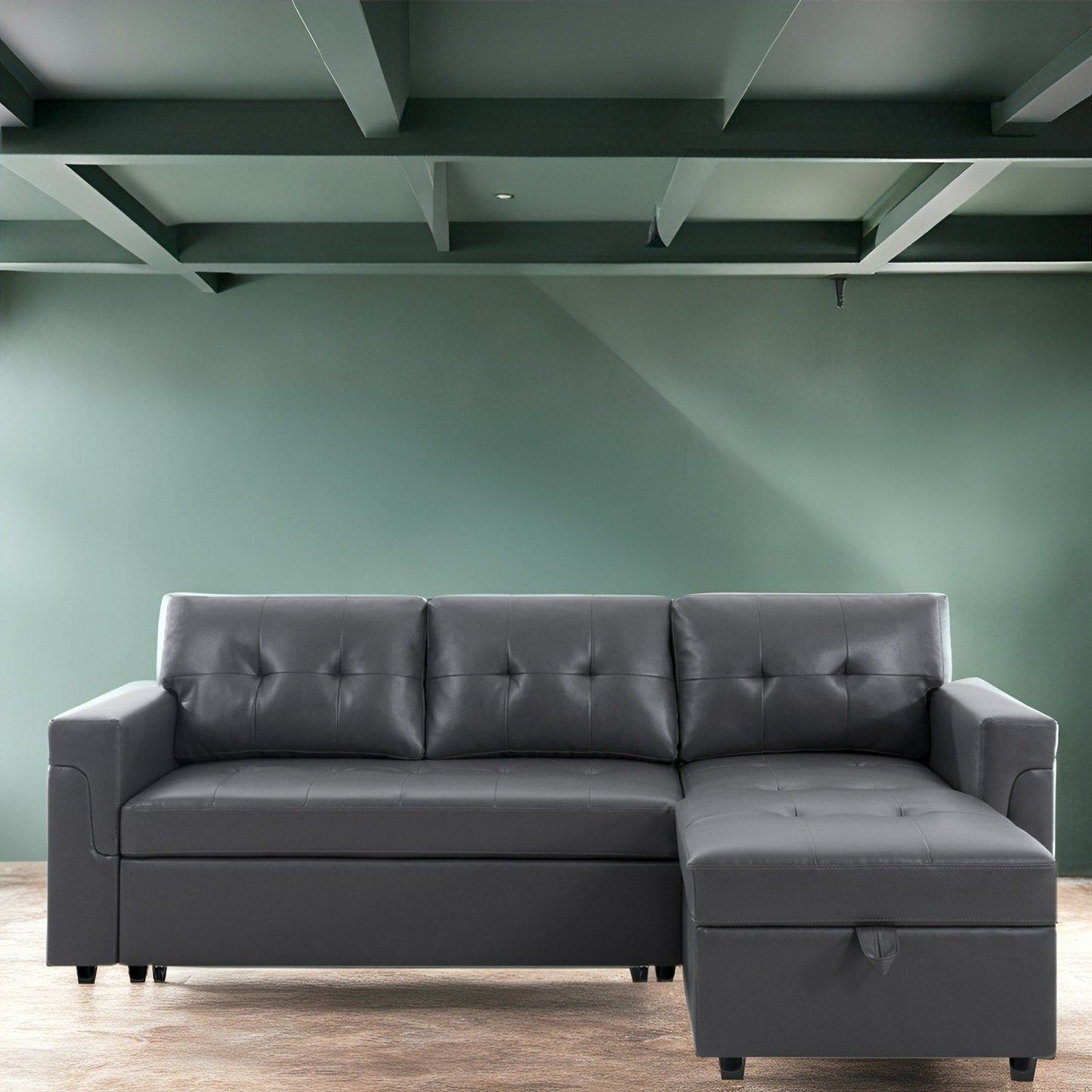 Canapé d'angle réversible avec lit gigogne, méridienne avec rangement dissimulé, pieds robustes.