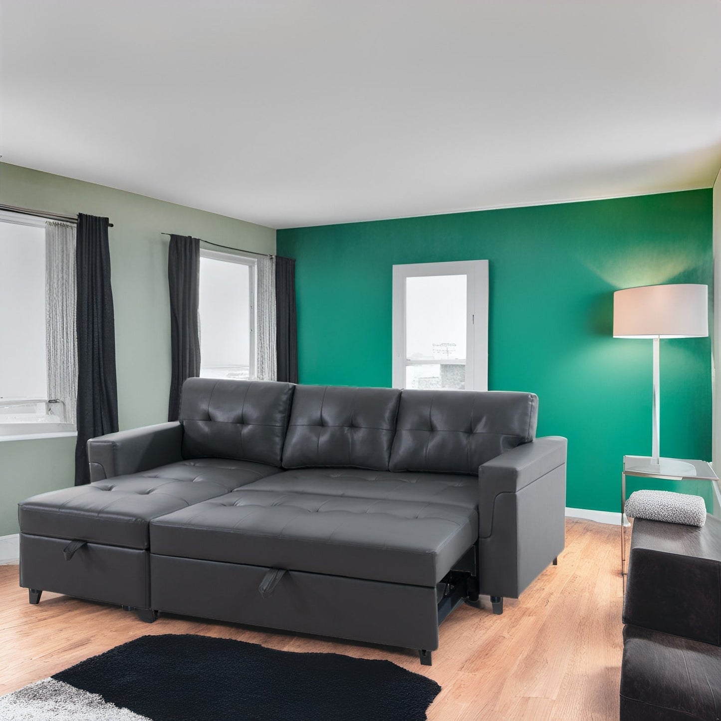 Canapé d'angle réversible avec lit gigogne, méridienne avec rangement dissimulé, pieds robustes.