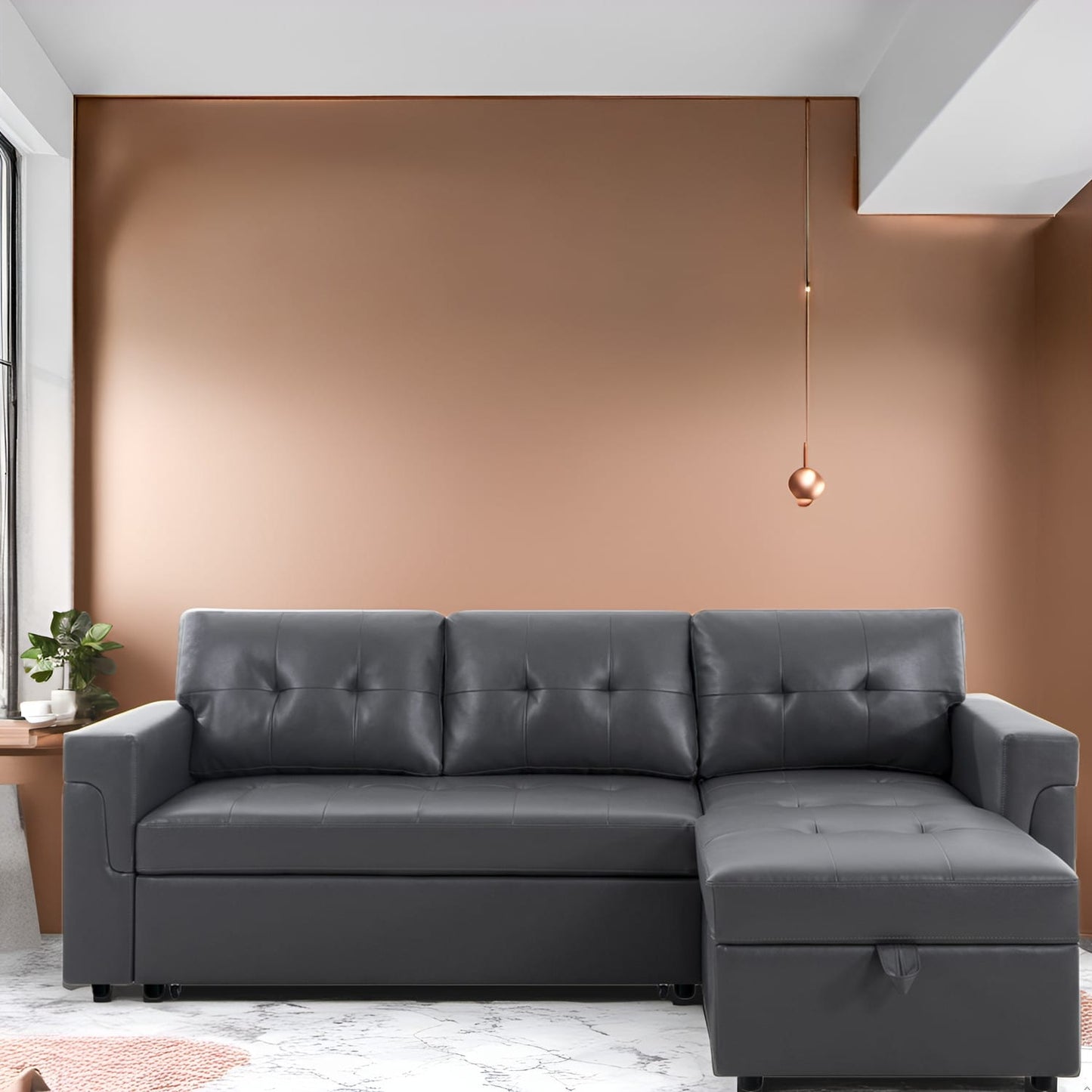 Canapé d'angle réversible avec lit gigogne, méridienne avec rangement dissimulé, pieds robustes.