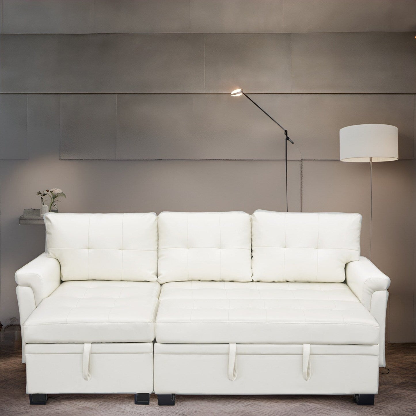 Canapé d'angle réversible avec lit gigogne, méridienne avec rangement dissimulé, pieds robustes.