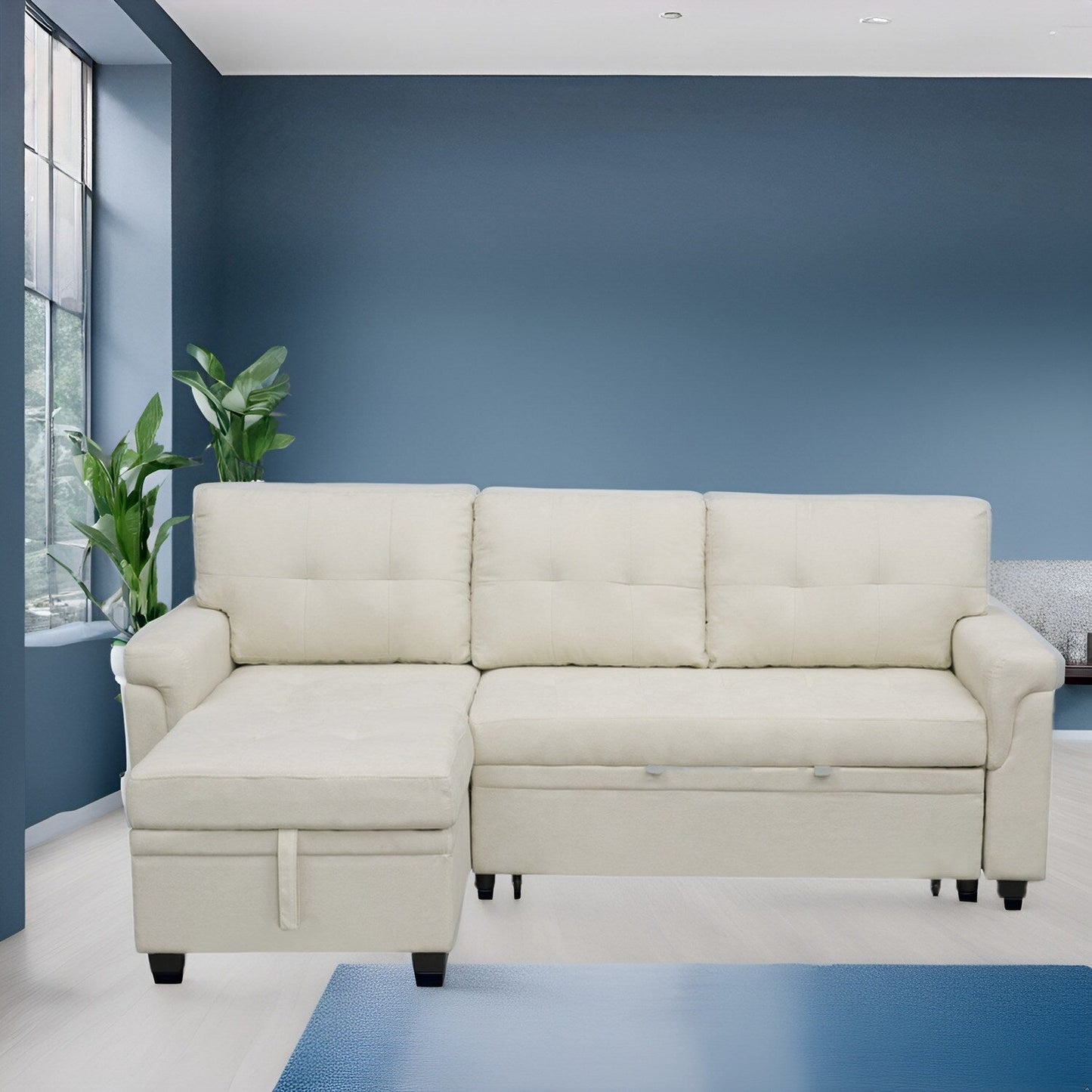 Canapé d'angle réversible avec lit gigogne, méridienne avec rangement dissimulé, pieds robustes.