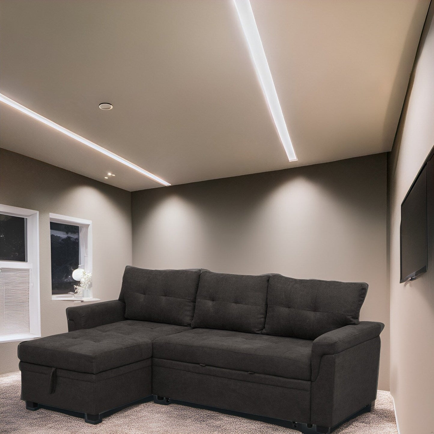 Canapé d'angle réversible avec lit gigogne, méridienne avec rangement dissimulé, pieds robustes.