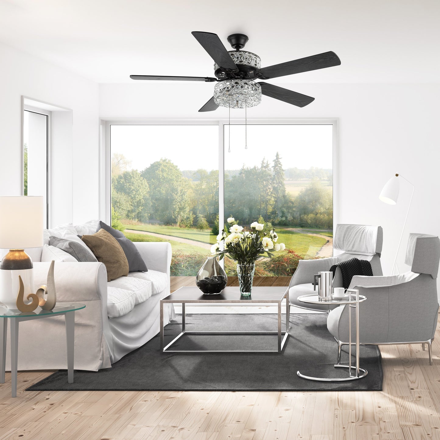 Ventilateur de plafond River of Goods Olivia, finition bronze huilé/cristal, 132 cm (52 ​​po) à DEL - 132 cm (52 ​​po) L x 132 cm (52 ​​po) l x 46 cm (18,25 po) H