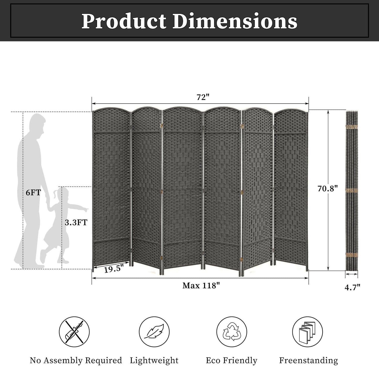Paravent pliable autoportant en fibre tissée de 1,83 m de haut