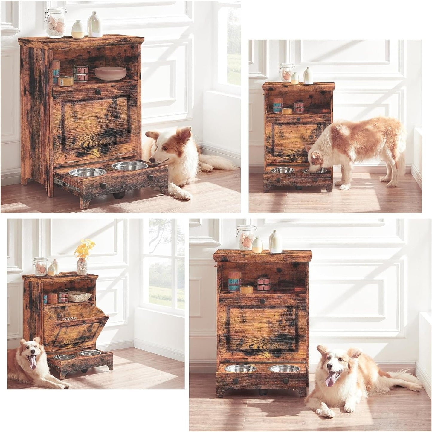 Station d'alimentation pour chiens Roomfitters avec 2 gamelles surélevées, meuble d'alimentation inclinable pour animaux de compagnie