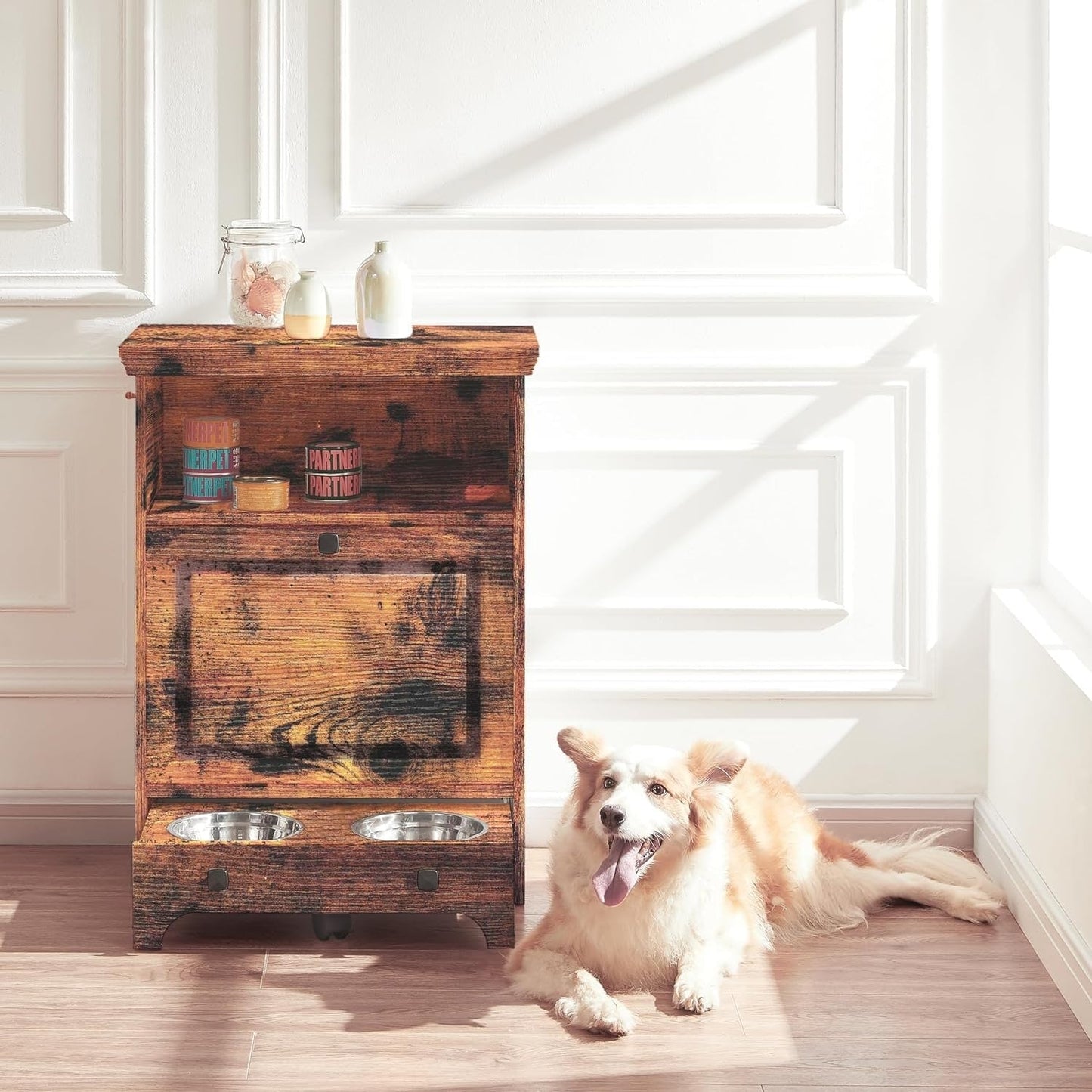 Station d'alimentation pour chiens Roomfitters avec 2 gamelles surélevées, meuble d'alimentation inclinable pour animaux de compagnie