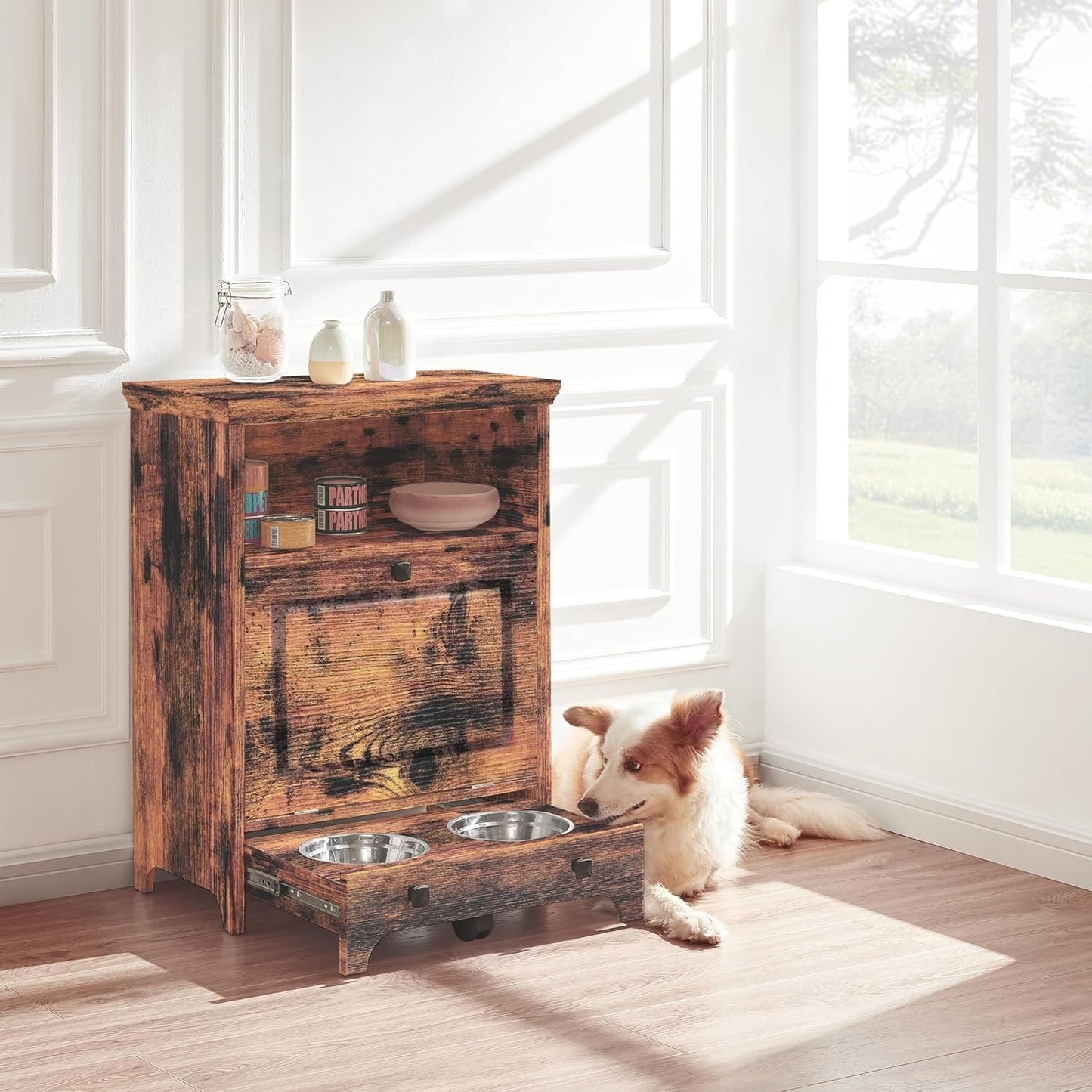 Station d'alimentation pour chiens Roomfitters avec 2 gamelles surélevées, meuble d'alimentation inclinable pour animaux de compagnie