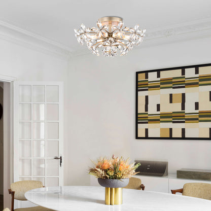 Plafonnier Rosa à 6 lumières, finition argent brossé, cristal champagne, motif floral - 45 cm de diamètre x 22 cm de hauteur