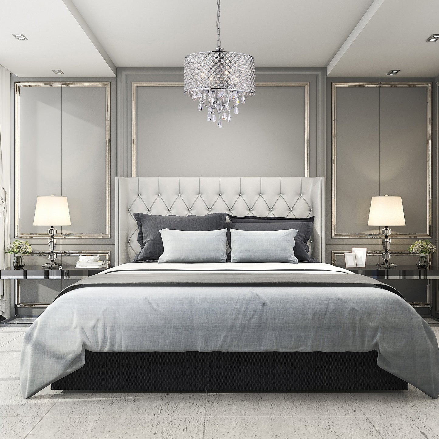 Lustre tambour rond à perles avec cristaux suspendus