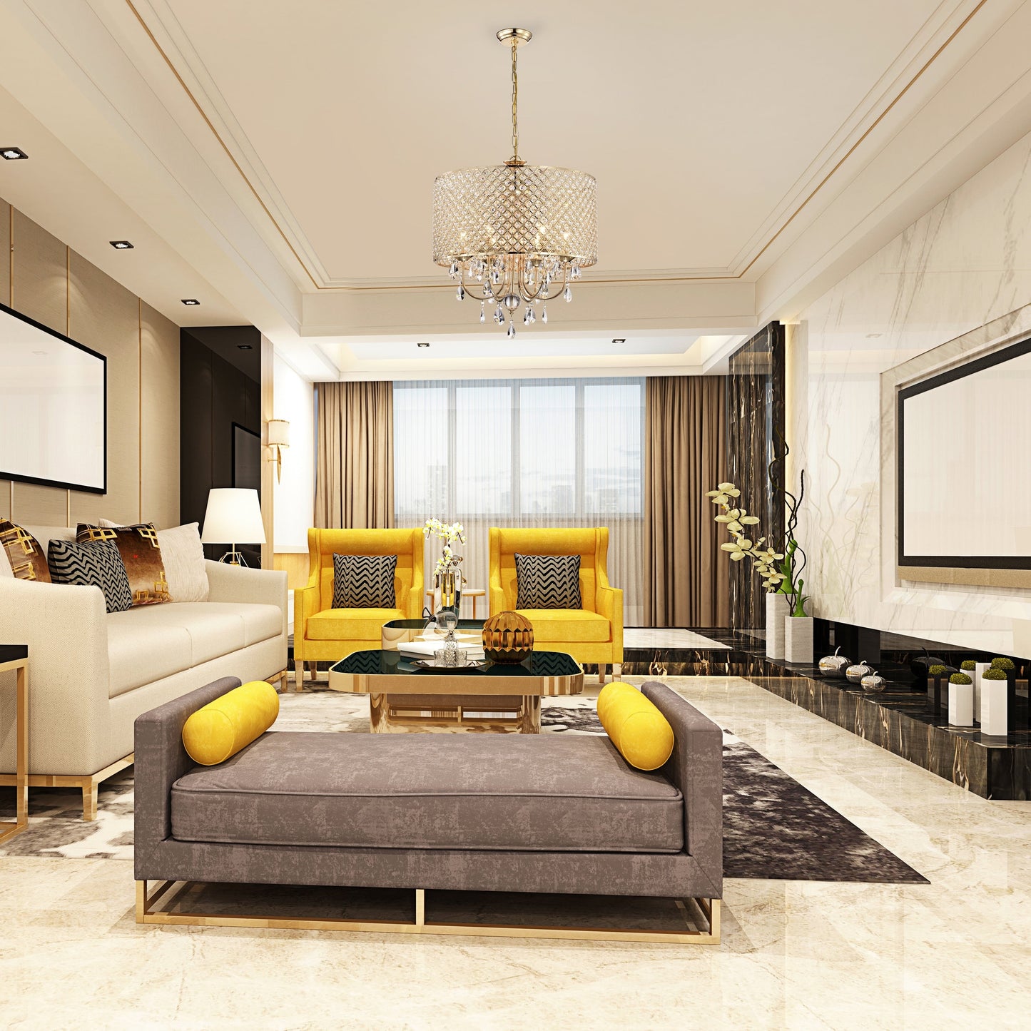 Lustre tambour rond à perles avec cristaux suspendus