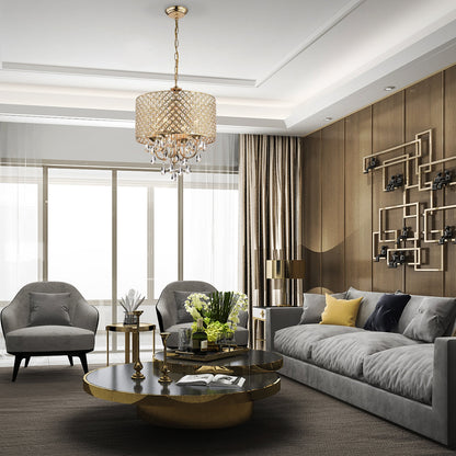 Lustre tambour rond à perles avec cristaux suspendus