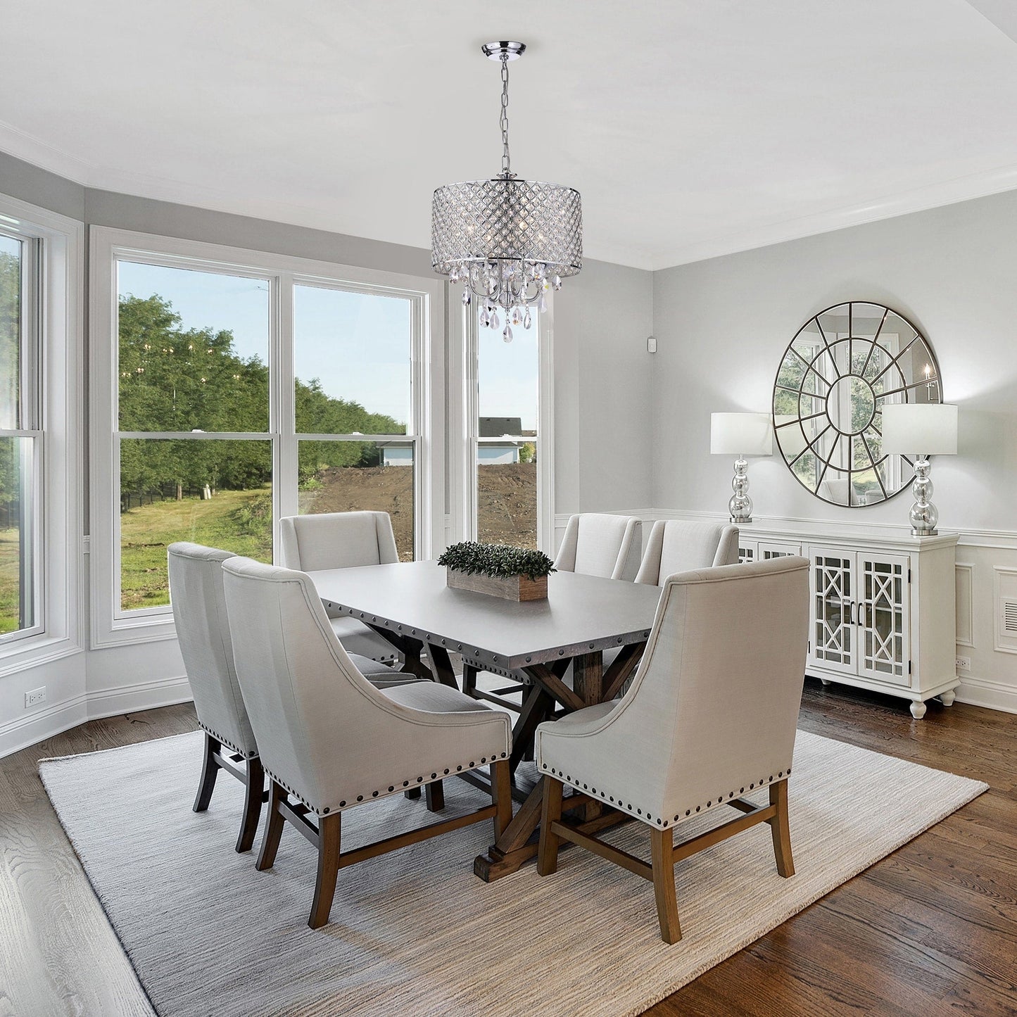 Lustre tambour rond à perles avec cristaux suspendus