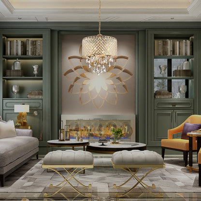 Lustre tambour rond à perles avec cristaux suspendus