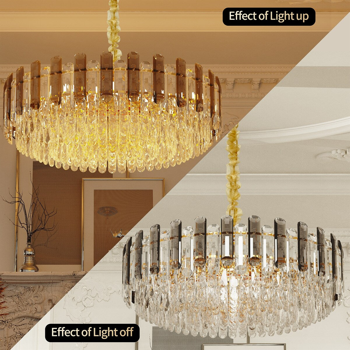 Lustre de plafond rond à plusieurs niveaux en cristal brillant avec suspension à 3 couleurs d'éclairage