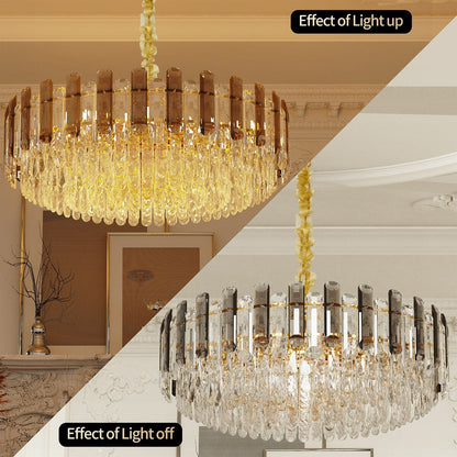 Lustre de plafond rond à plusieurs niveaux en cristal brillant avec suspension à 3 couleurs d'éclairage