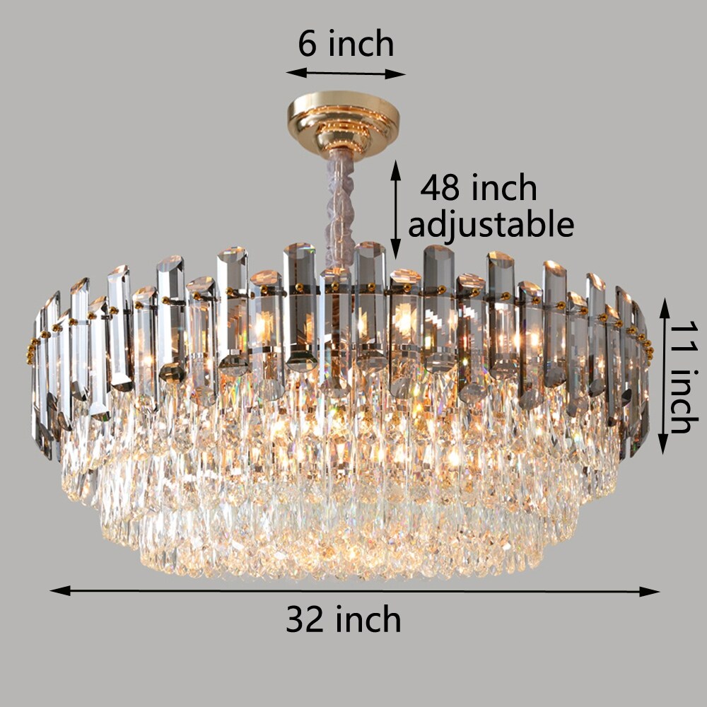 Lustre de plafond rond à plusieurs niveaux en cristal brillant avec suspension à 3 couleurs d'éclairage