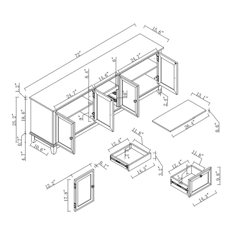 Meuble TV rustique de 183 cm (72 pouces) de large avec étagères réglables et rangement dissimulé - Largeur : 183 cm (72 pouces)