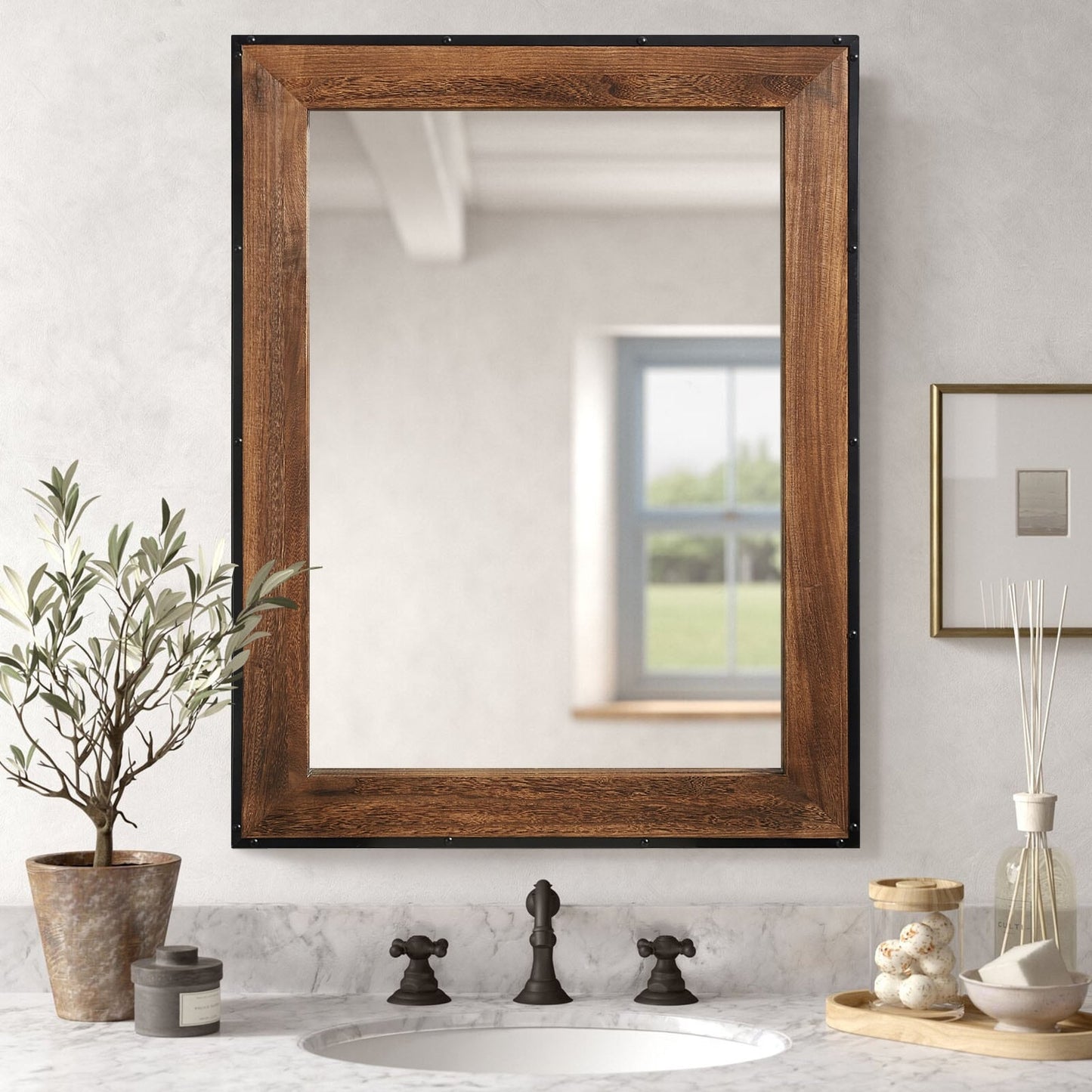 Miroir mural rustique en bois naturel et fer