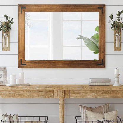 Miroir mural rustique à cadre en bois, miroir de salle de bain en bois naturel