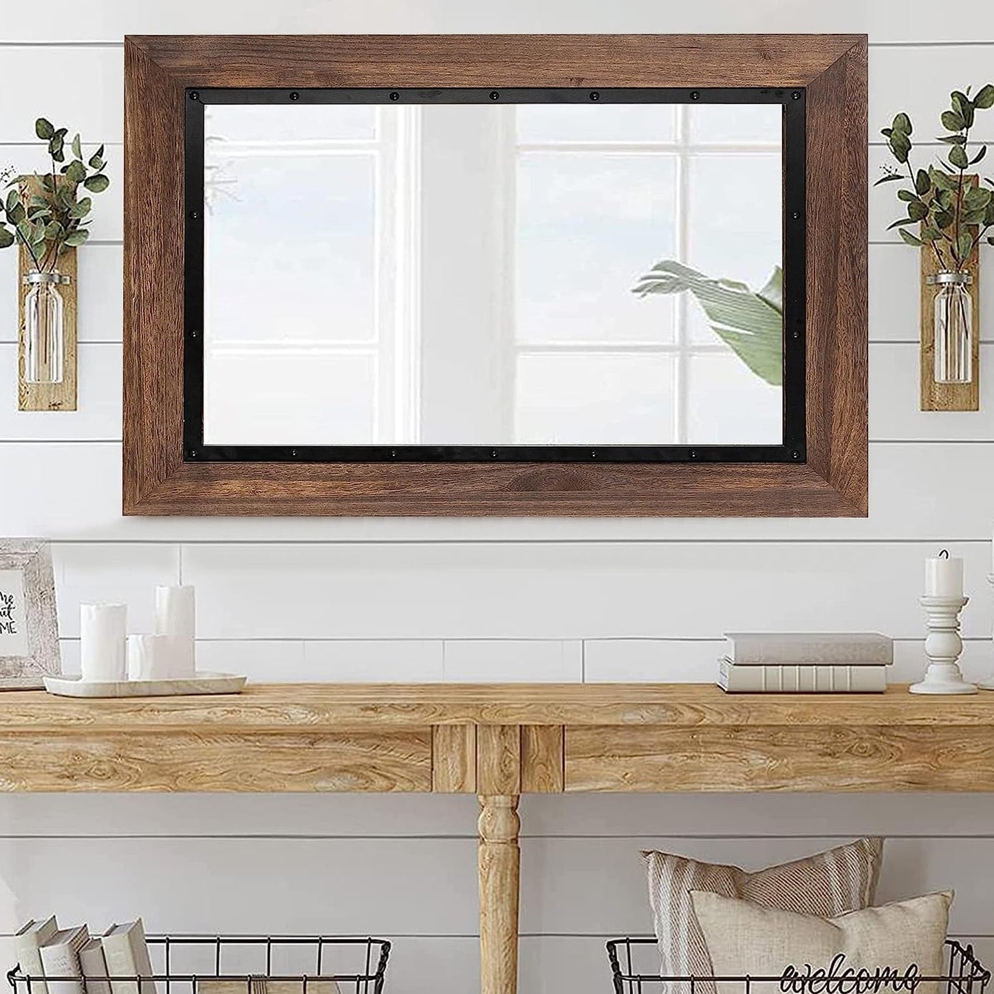 Miroir de salle de bain mural rustique avec cadre en bois et fer forgé