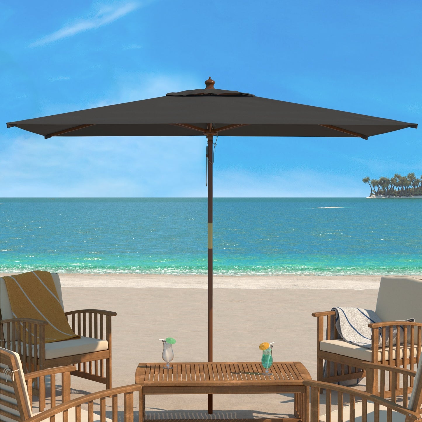 Parasol de marché extérieur SAFAVIEH Glauca de 3,35 m (11 pieds) à poulie en bois