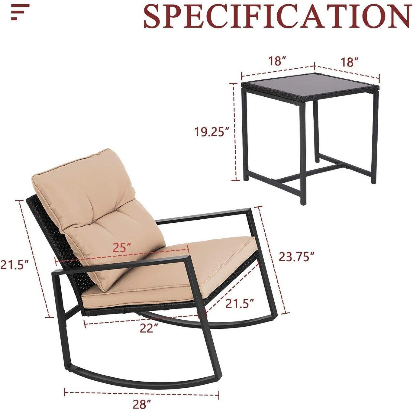 Ensemble bistro à bascule 3 pièces en métal noir SUNCROWN pour terrasse extérieure