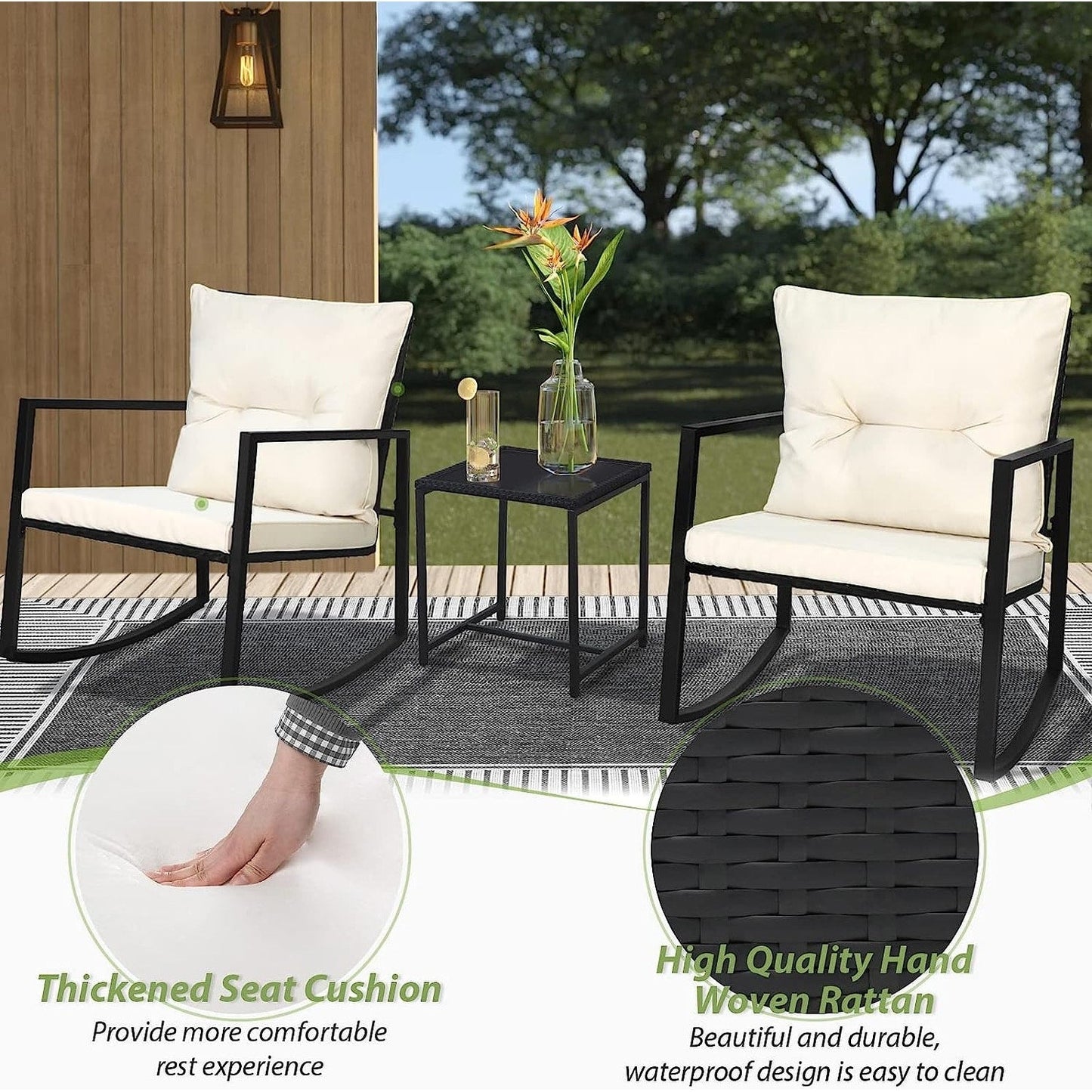 Ensemble bistro à bascule 3 pièces en métal noir SUNCROWN pour terrasse extérieure