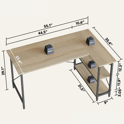 Petit bureau d'angle en forme de L avec étagères de rangement
