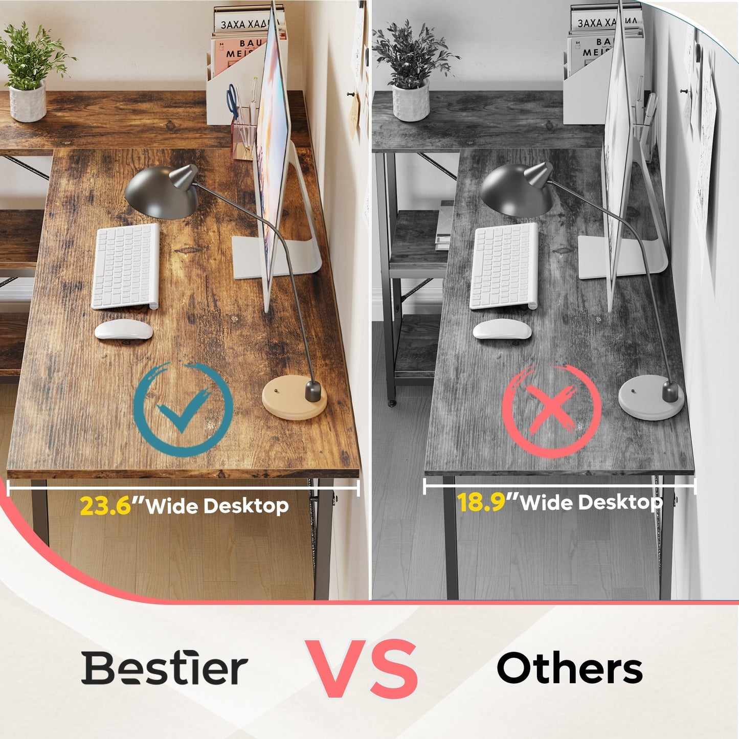 Petit bureau d'angle en forme de L avec étagères de rangement